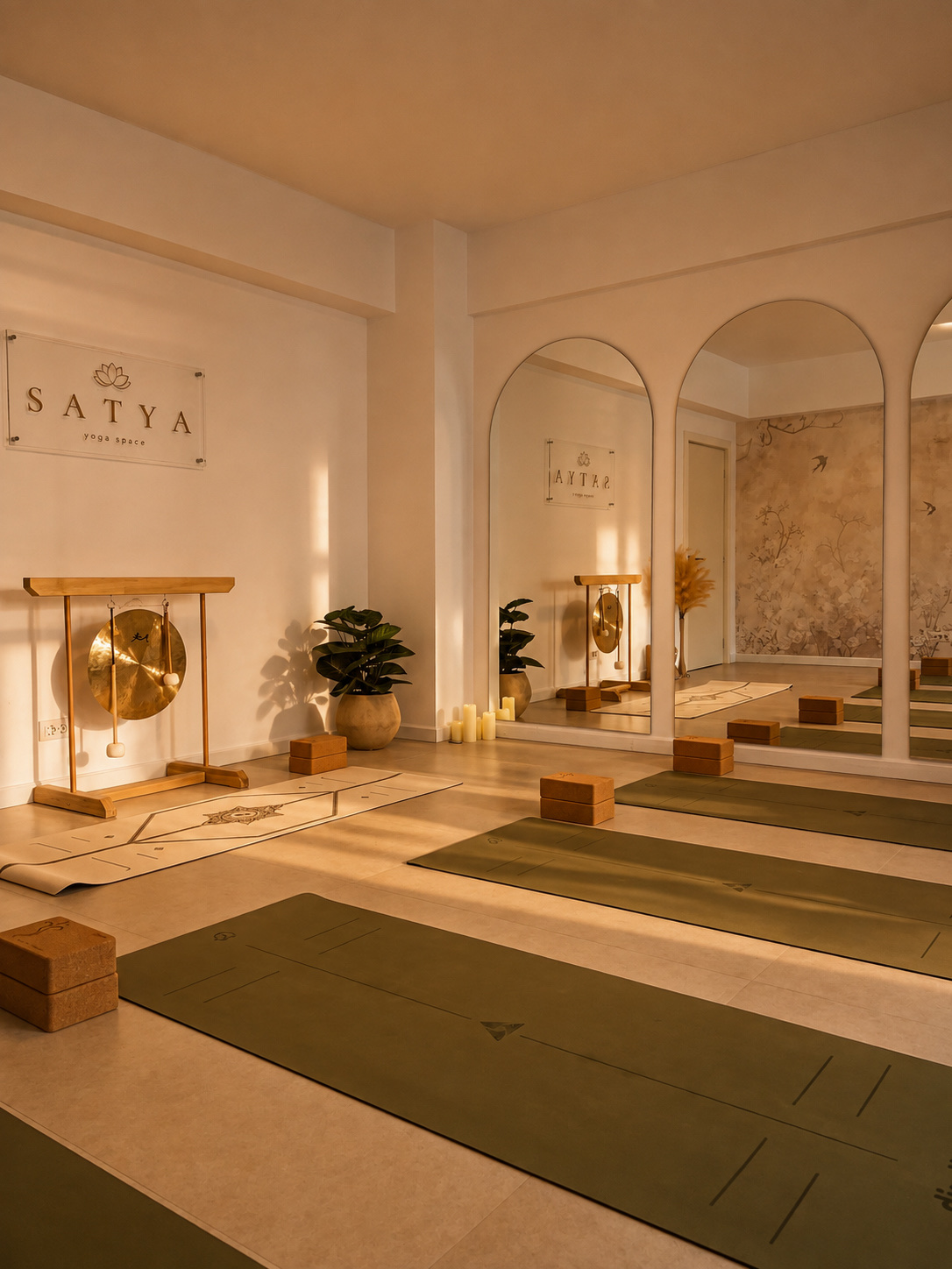 Studioul Satya Yoga Space — saltele, gong și oglinzi arcuite